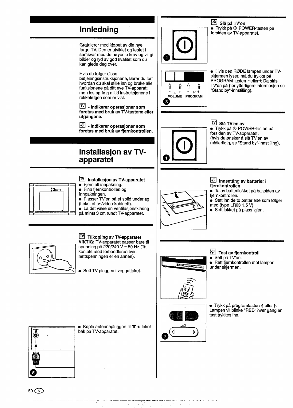 Inniedning, Instailasjon av tv- apparatet, Ii ^ a | Philips 20GR1251 User Manual | Page 6 / 14