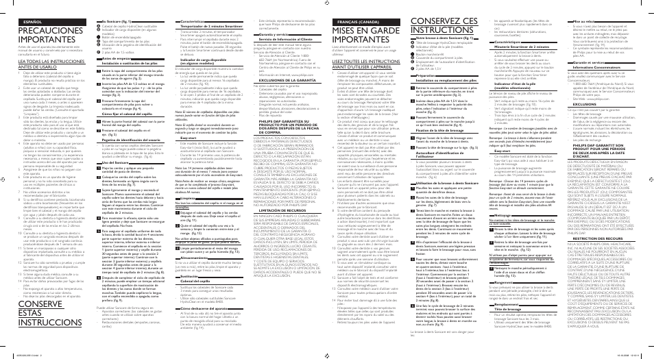 Precauciones importantes, Conserve estas instruccions, Mises en garde importantes | Conservez ces instructions, Lea todas las instrucciones antes de usarlo | Philips HX6410 User Manual | Page 2 / 2