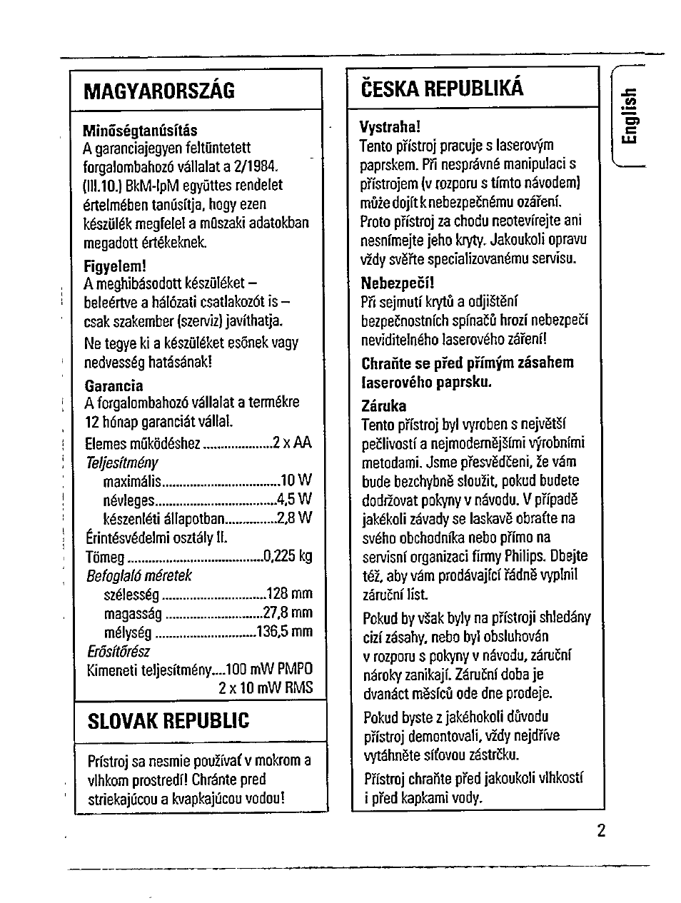 Magyarorszag, Slovak republic, Ceska republika | Philips AZ 7482 User Manual | Page 2 / 20