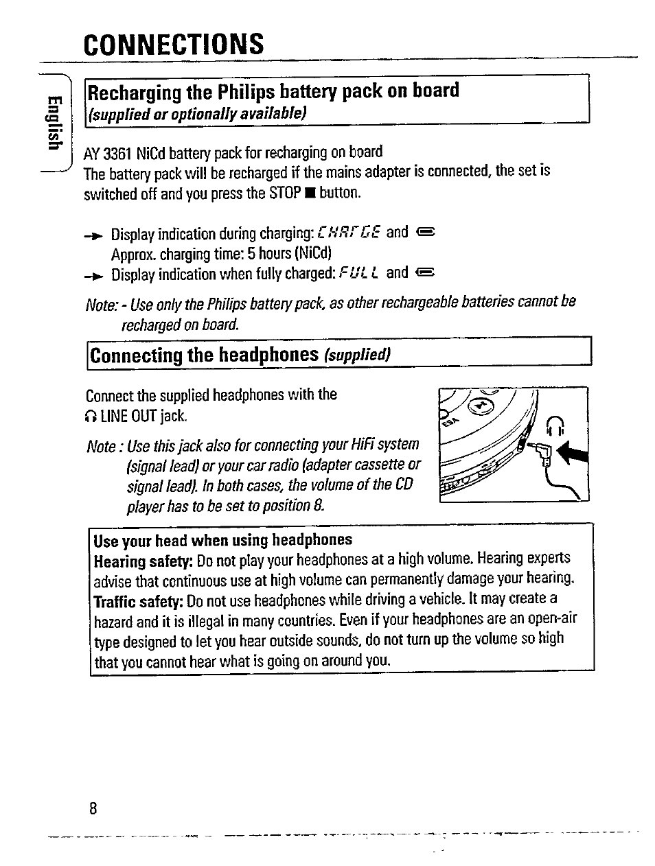 Connections, Recharging the philips battery pack on board, Connecting the headphones (supplied) | Use your head when using headphones, Connecting the headphones | Philips AZ 7482 User Manual | Page 8 / 20