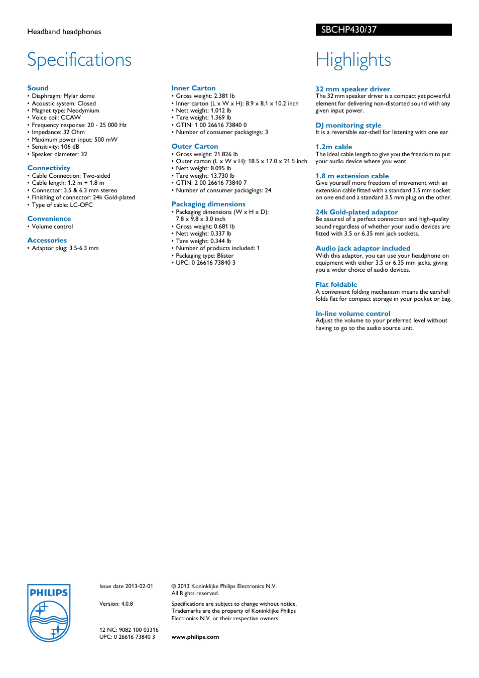 Specifications, Highlights | Philips SBCHP430 User Manual | Page 2 / 2