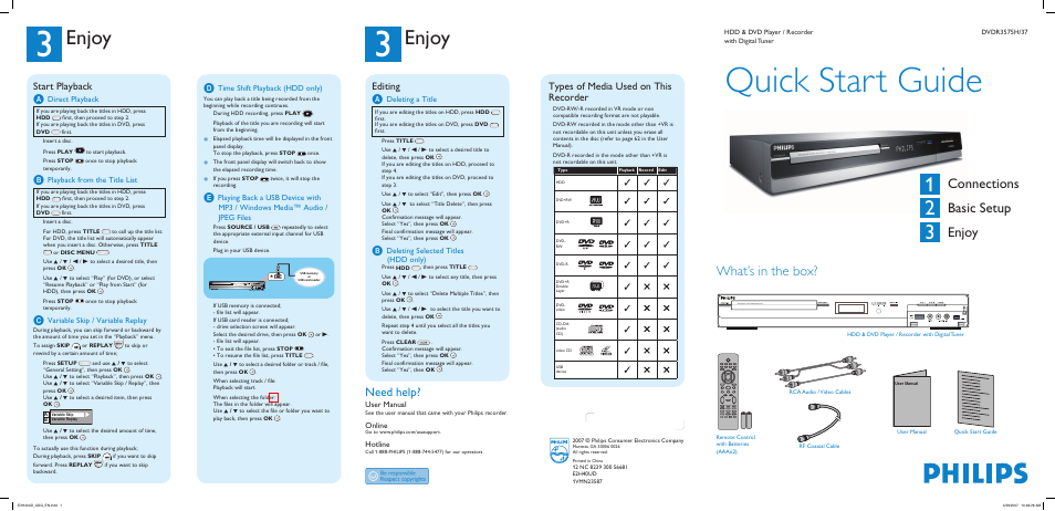 Philips DVDR3575H/37 User Manual | 2 pages