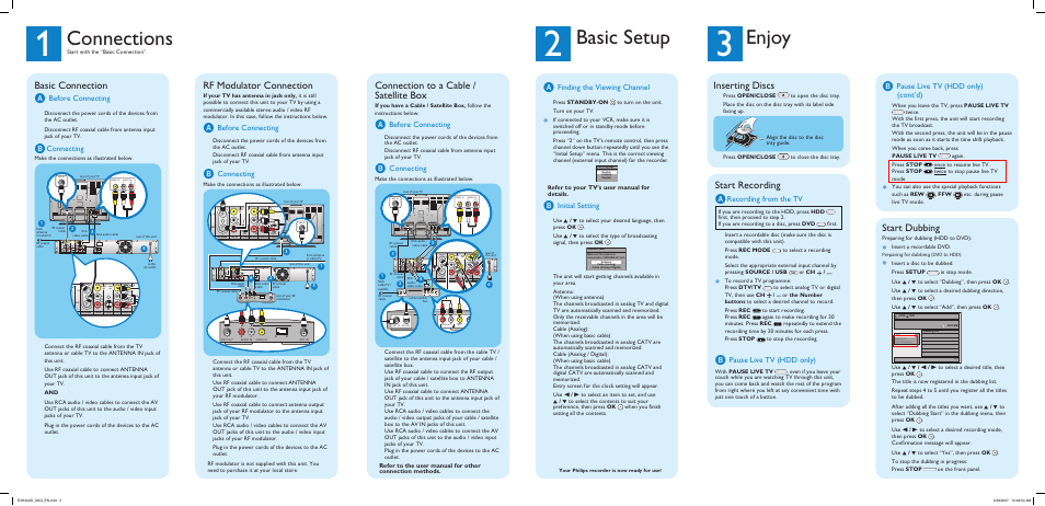 Enjoy, Connections, Basic setup | Start dubbing, Inserting discs, Start recording a, Basic connection a, Rf modulator connection, Connection to a cable / satellite box, Pause live tv (hdd only) (cont’d) | Philips DVDR3575H/37 User Manual | Page 2 / 2