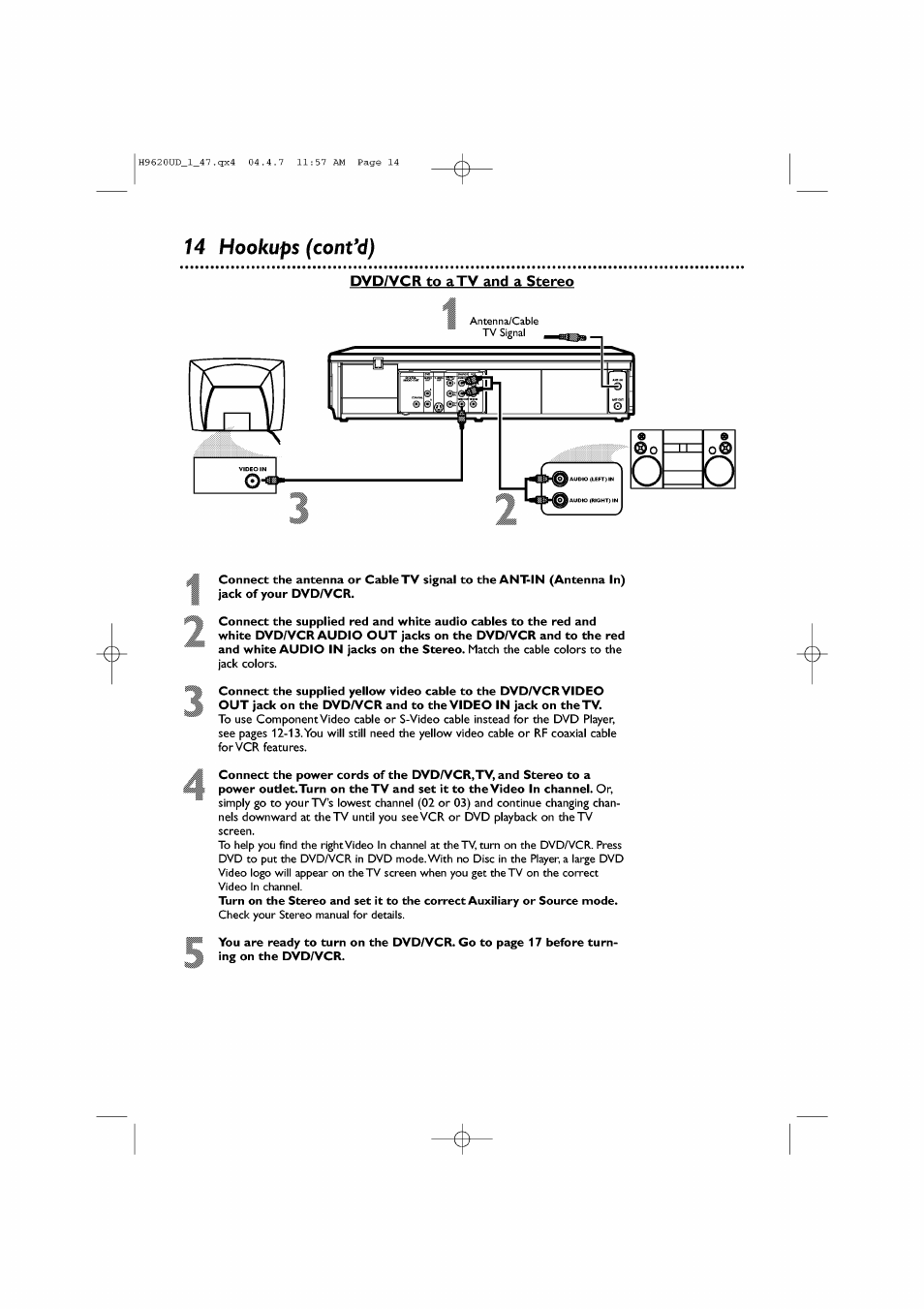 14 hookups (cont*d), Dvda^cr to atv and a stereo | Philips DVP620VR/17 User Manual | Page 14 / 80