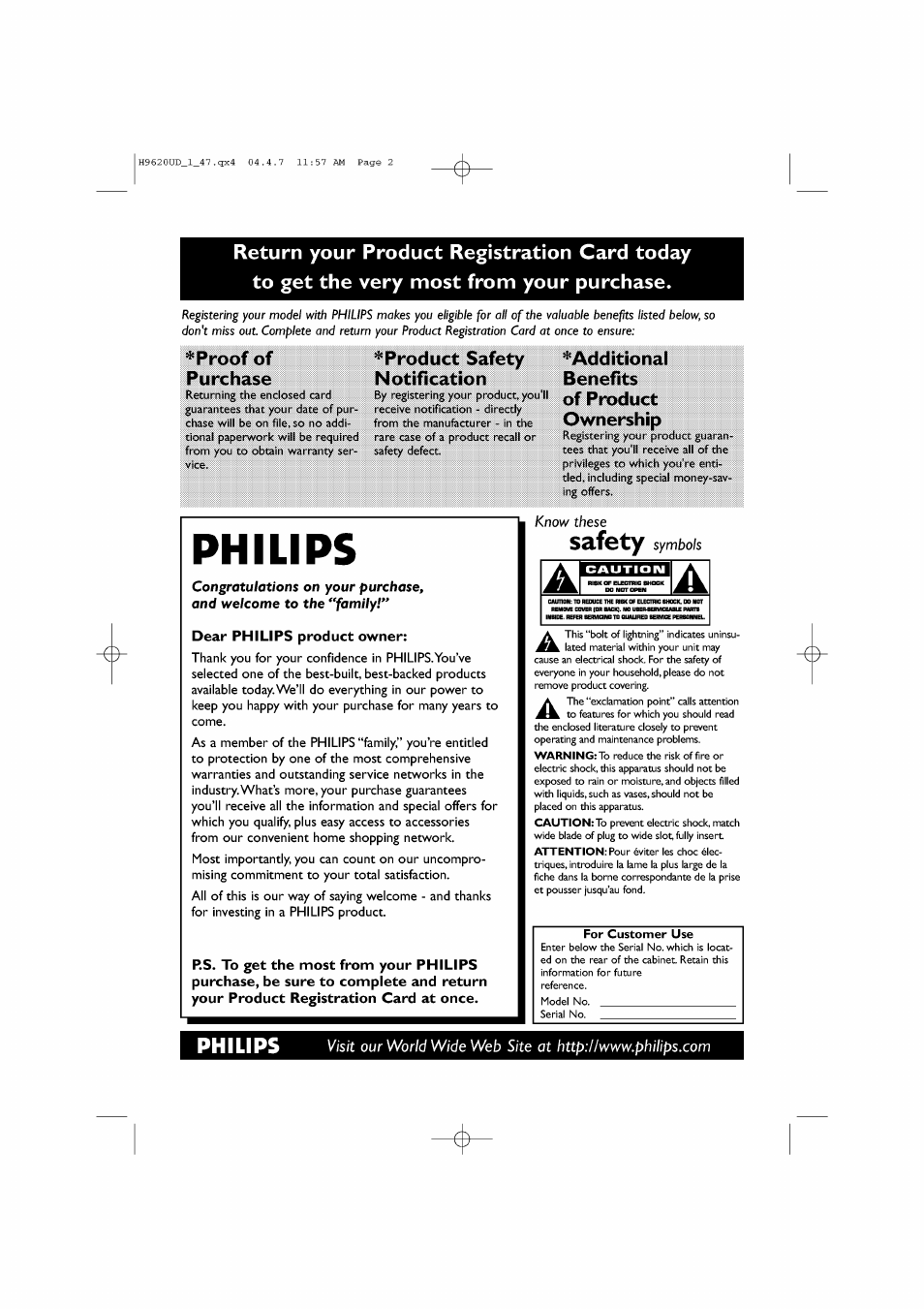 Dear philips product owner, Philips, Safety | Proof of purchase, Product safety notification, Additional benefits of product ownership, Cautioim | Philips DVP620VR/17 User Manual | Page 2 / 80