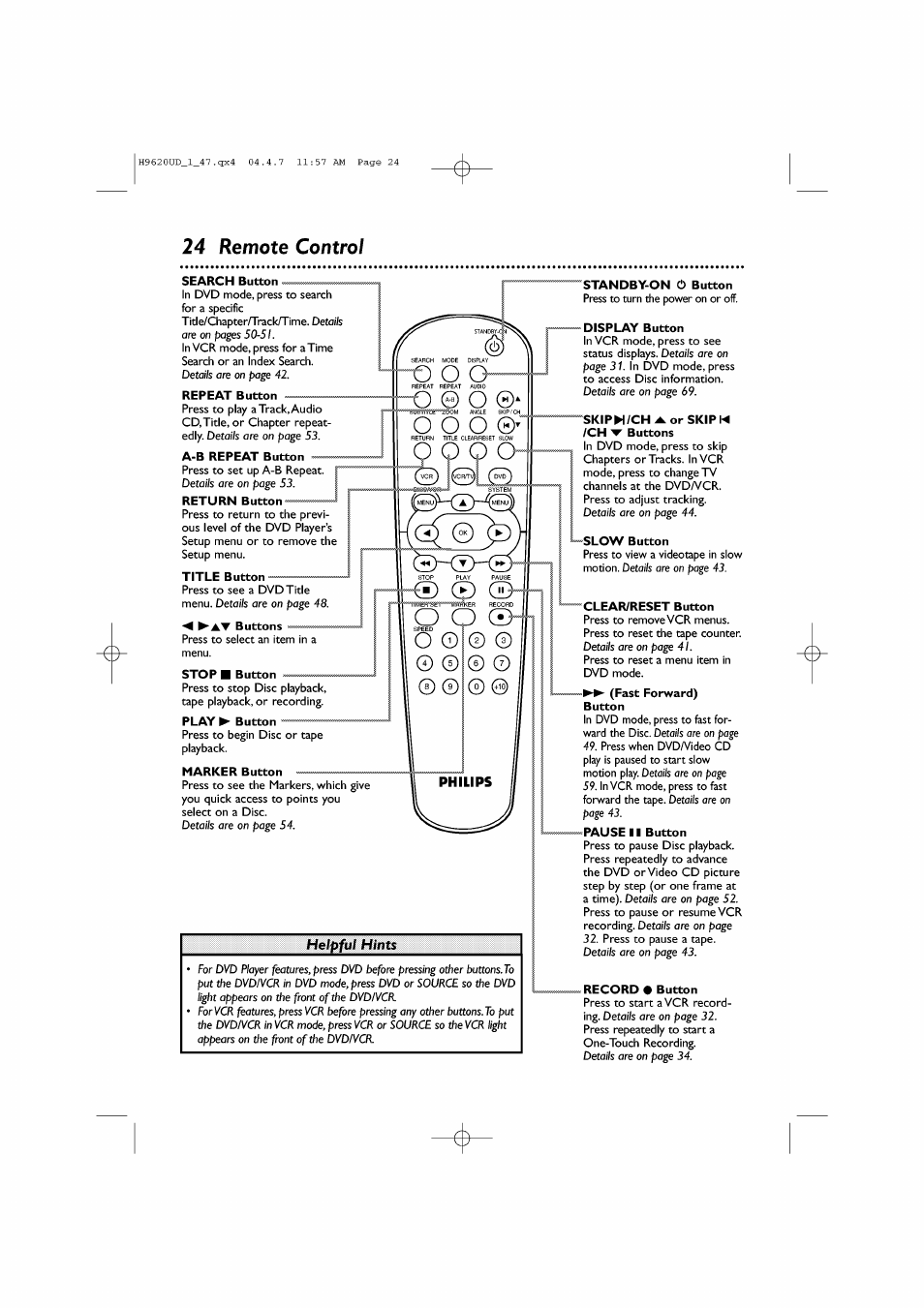 24 remote control, Remote control -25, O о о | O © о, О о о, Goo o, Helpful hints | Philips DVP620VR/17 User Manual | Page 24 / 80