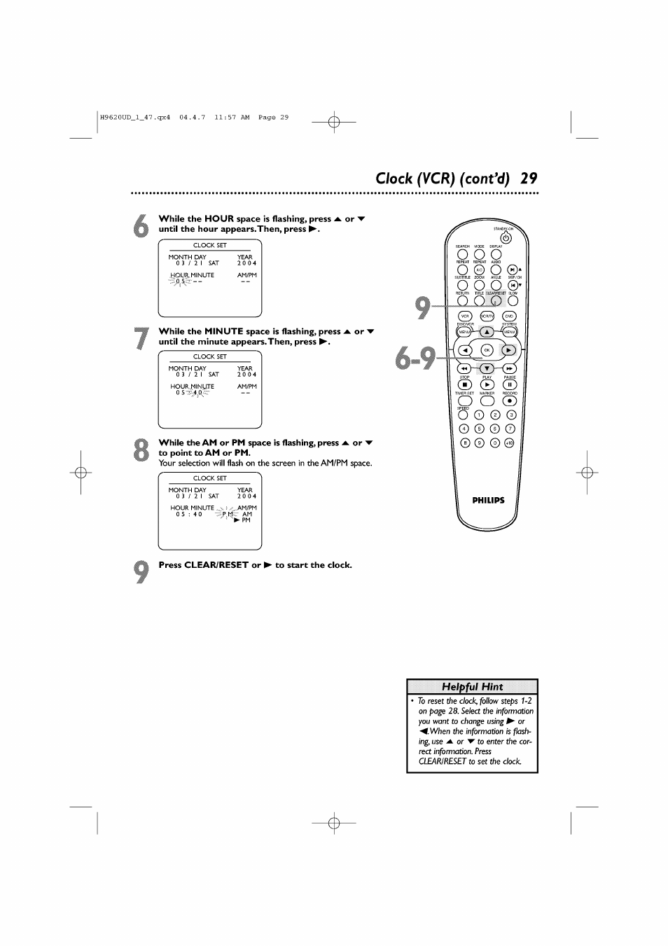 Press clear/reset or ^ to start the clock, Clock (vcr) (contad) 29, Helpful hint | Philips DVP620VR/17 User Manual | Page 29 / 80