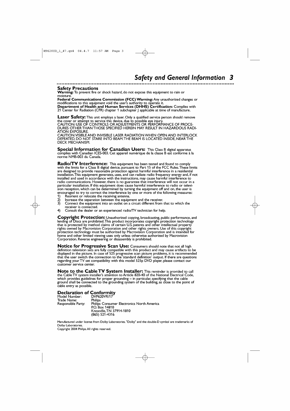 Safety and general information 3, Safety precautions, Declaration of conformity | Philips DVP620VR/17 User Manual | Page 3 / 80