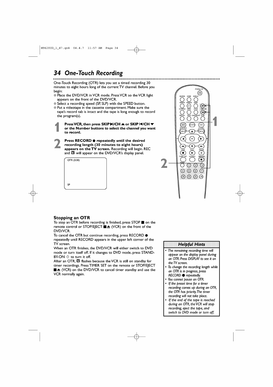 34 one-touch recording, J press vcr, then press skipm/ch ▲or skip m/ch, О о о | О © о, О gog, I) cd, O o cd, О о о о, Stopping an otr, One-touch recording | Philips DVP620VR/17 User Manual | Page 34 / 80