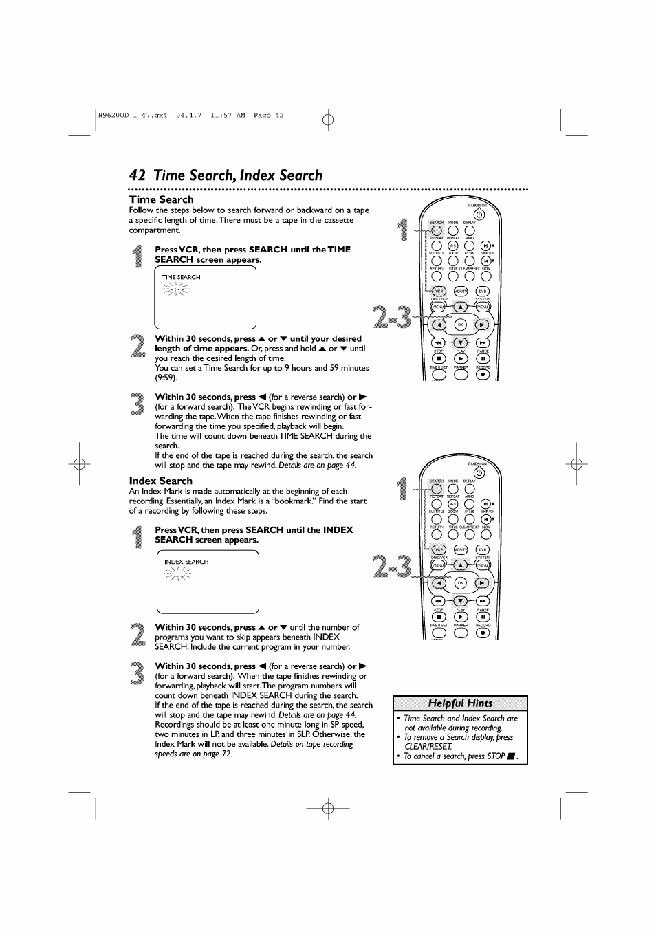 42 time search, index search, Time search, Index search | Time search, index search, O o o o, Helpful hints | Philips DVP620VR/17 User Manual | Page 42 / 80