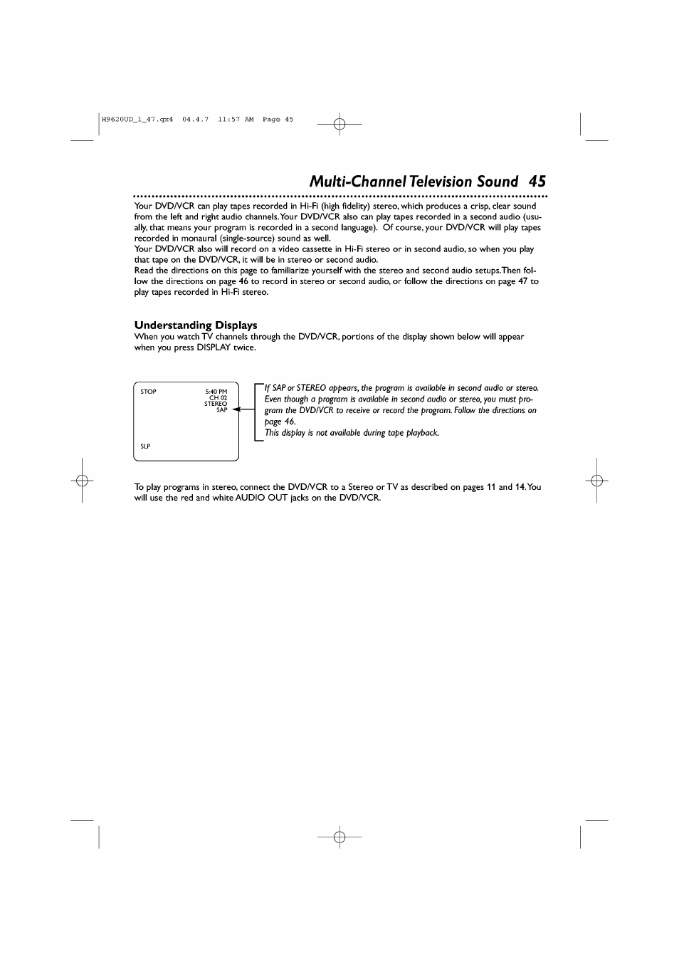 Taulti-channel television sound 45, Understanding displays, Multi-channel television sound -46 | Philips DVP620VR/17 User Manual | Page 45 / 80