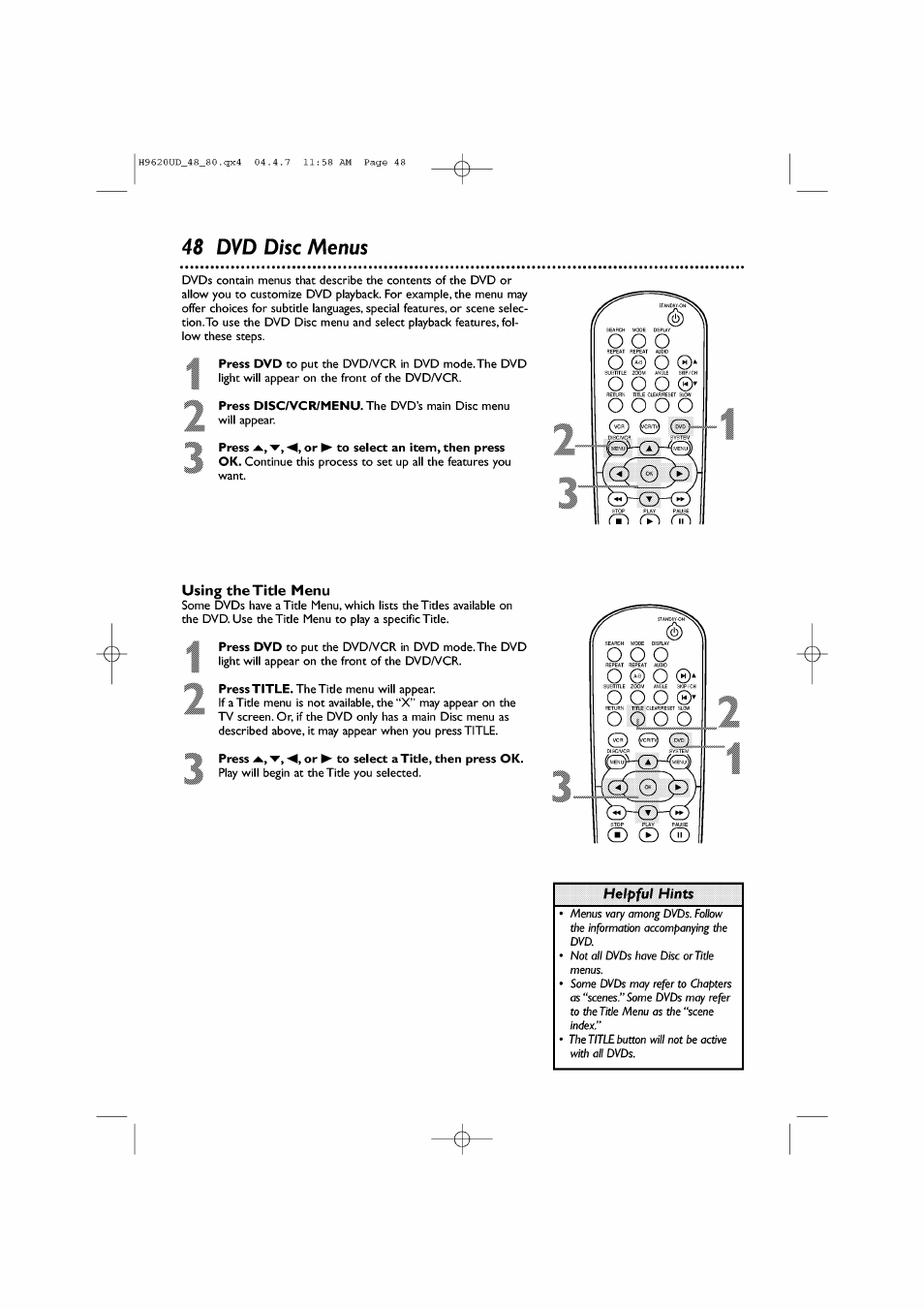 48 dvd disc menus, Press a., ▼, or ► to select an item, then press, Using the title menu | Press a., or ► to select a title, then, Dvd disc menus | Philips DVP620VR/17 User Manual | Page 48 / 80