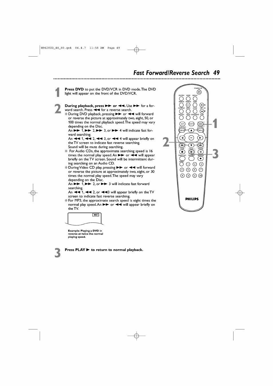 Fast forward/reverse search 49, Press play ^ to return to normal playback, Fast forward/reverse search | О о о, О © о, О о о о | Philips DVP620VR/17 User Manual | Page 49 / 80