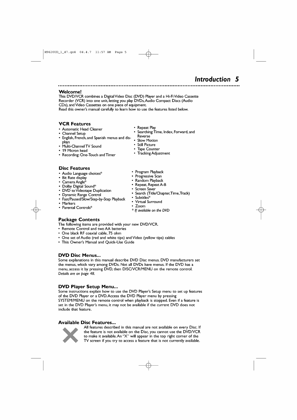 Introduction 5, Welcome, Vcr features | Disc features, Package contents, Dvd disc menus, Dvd player setup menu, Available disc features, Introduction | Philips DVP620VR/17 User Manual | Page 5 / 80