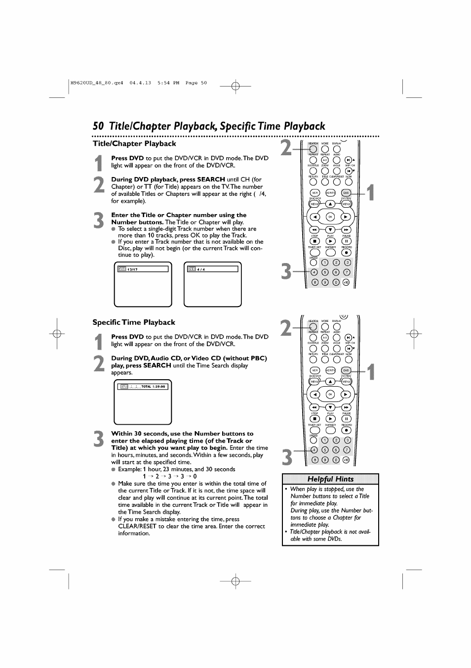 50 title/chapter playback, specific time playback, Title/chapter playback, specific time playback, О о о | О © о, О о о о, Title/chapter playback, Specífictíme playback, Helpful hints | Philips DVP620VR/17 User Manual | Page 50 / 80