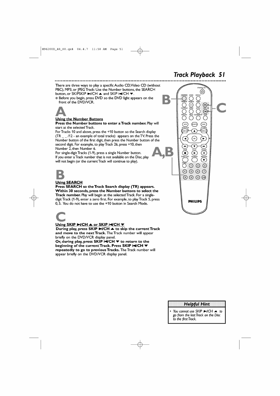 Track playback 51, Usin^ the number buttons, Using search | О о о о, Using skip w/ch a or skip w/ch, Track playback, O о о, О © о, О о о | Philips DVP620VR/17 User Manual | Page 51 / 80