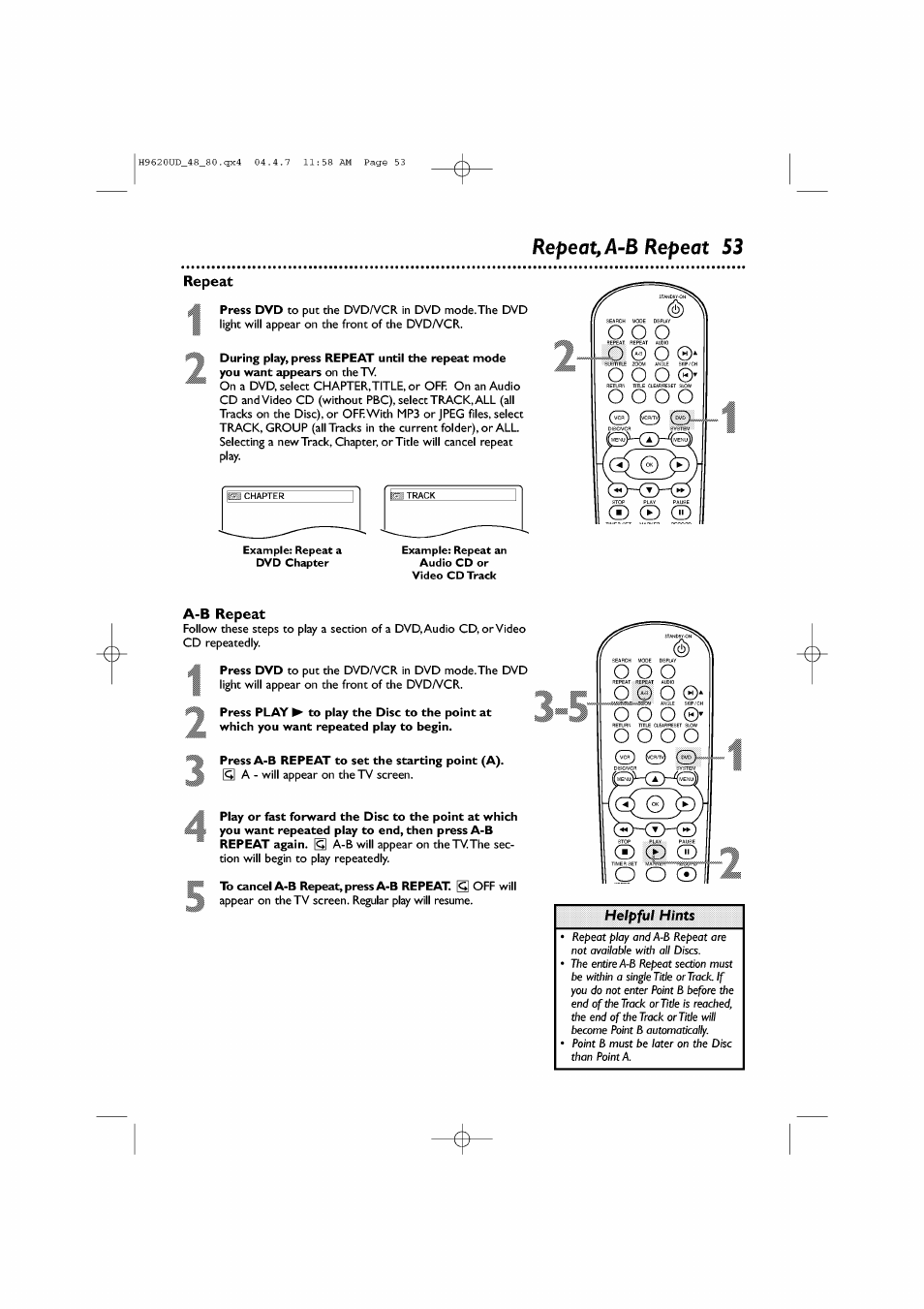 Repeat, A-b repeat, Press a-b repeat to set the starting point (a) | О о о, О © о, О о о о, Repeat,a-b repeat s3 | Philips DVP620VR/17 User Manual | Page 53 / 80