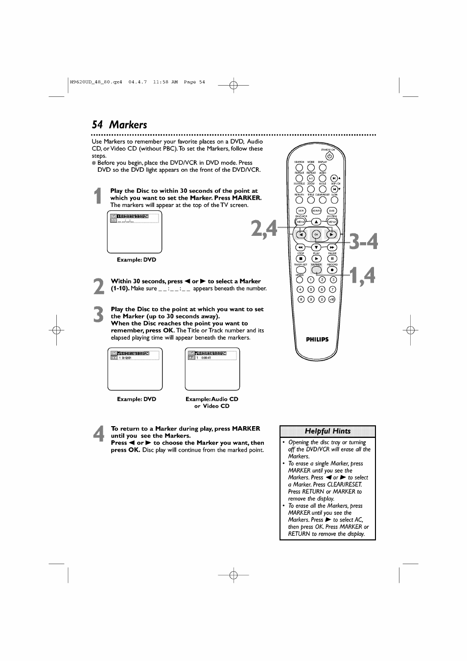 54 markers, Within 30 seconds, press or ^ to select a marker, Philips | Markers, О о о, О © о, О о о о | Philips DVP620VR/17 User Manual | Page 54 / 80