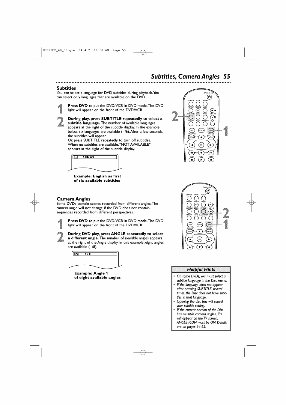 Subtitles, camera angles 55, Subtitles, О о о о | Camera angles, Example: angle 1 of eight available angles, Subtitles, camera angles, О о о, 0 о о, Helpful hints | Philips DVP620VR/17 User Manual | Page 55 / 80