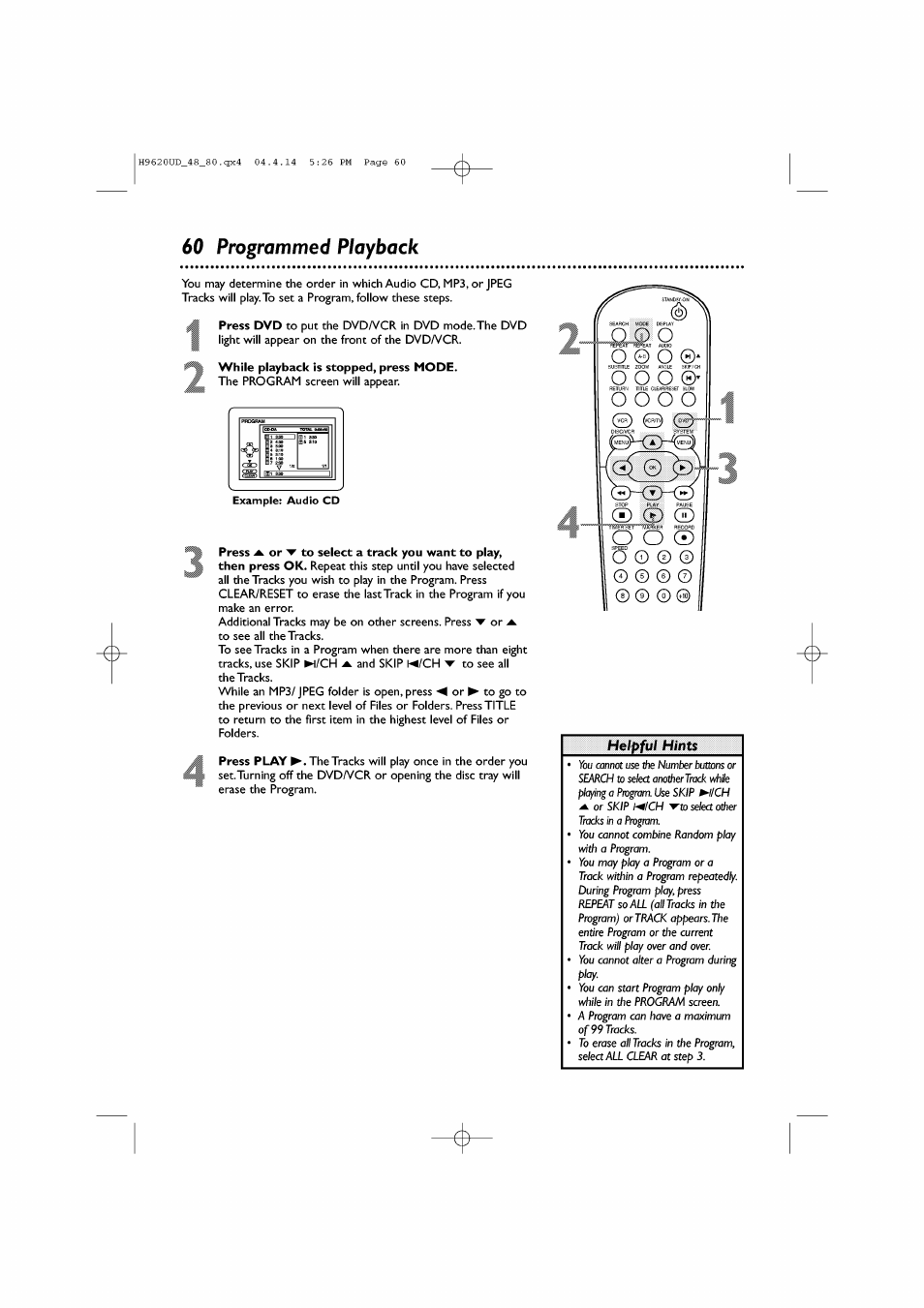 60 programmed playback, While playback is stopped, press mode, Programmed playback | Helpful hints | Philips DVP620VR/17 User Manual | Page 60 / 80