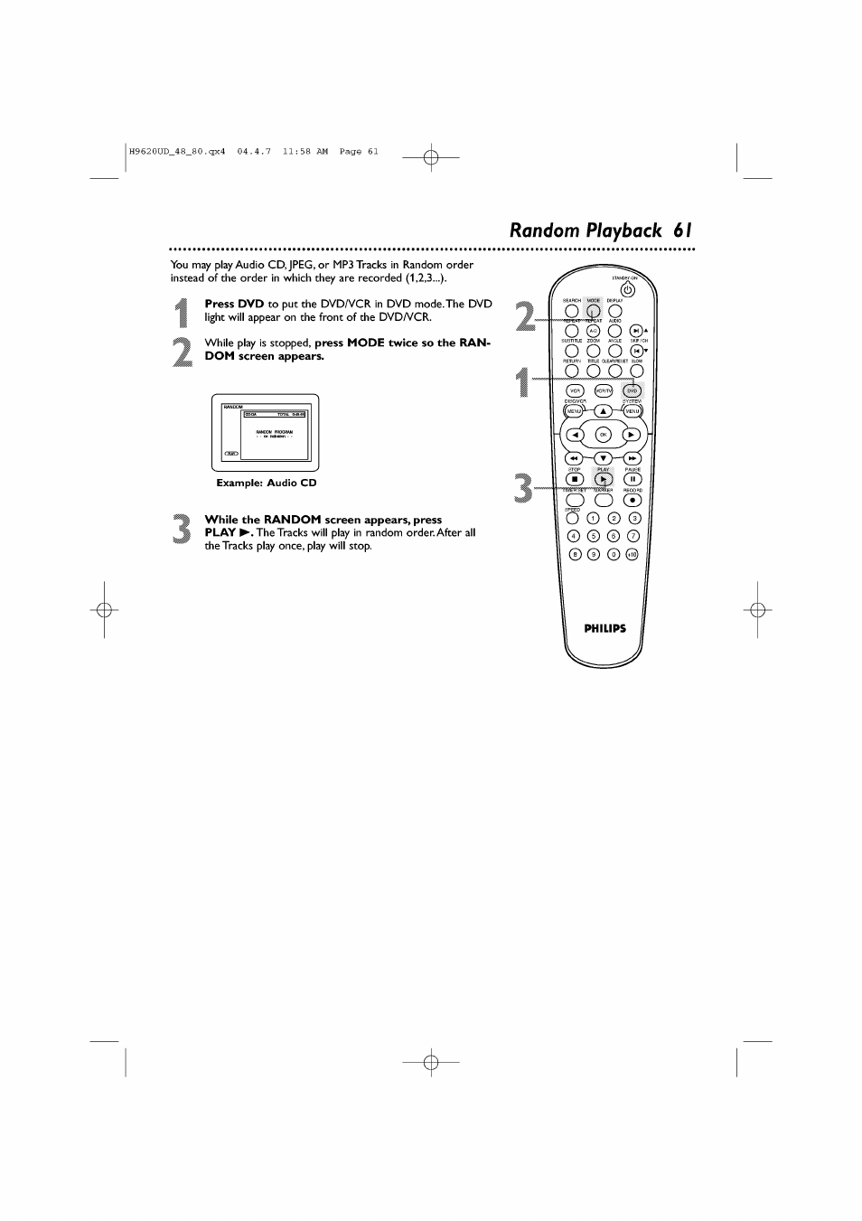 While the random screen appears, press, Random playback 61 | Philips DVP620VR/17 User Manual | Page 61 / 80