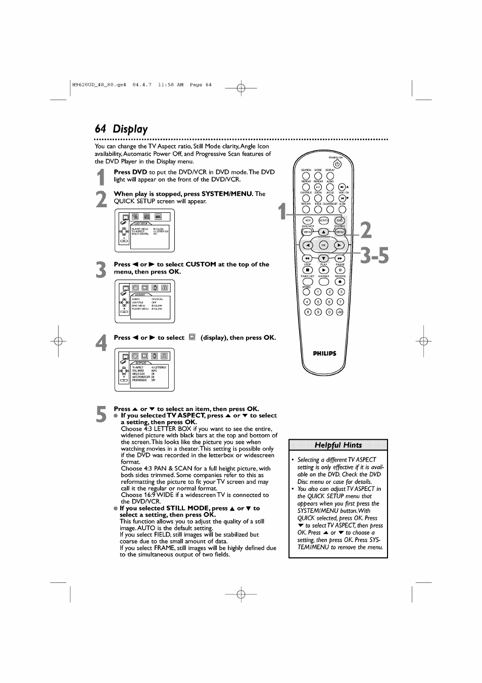 64 display, When play is stopped, press system/menu. the, Press ◄ or ► to select | Press ▲ or ▼ to select an item, then press ok, Display -65, Helpful hints | Philips DVP620VR/17 User Manual | Page 64 / 80