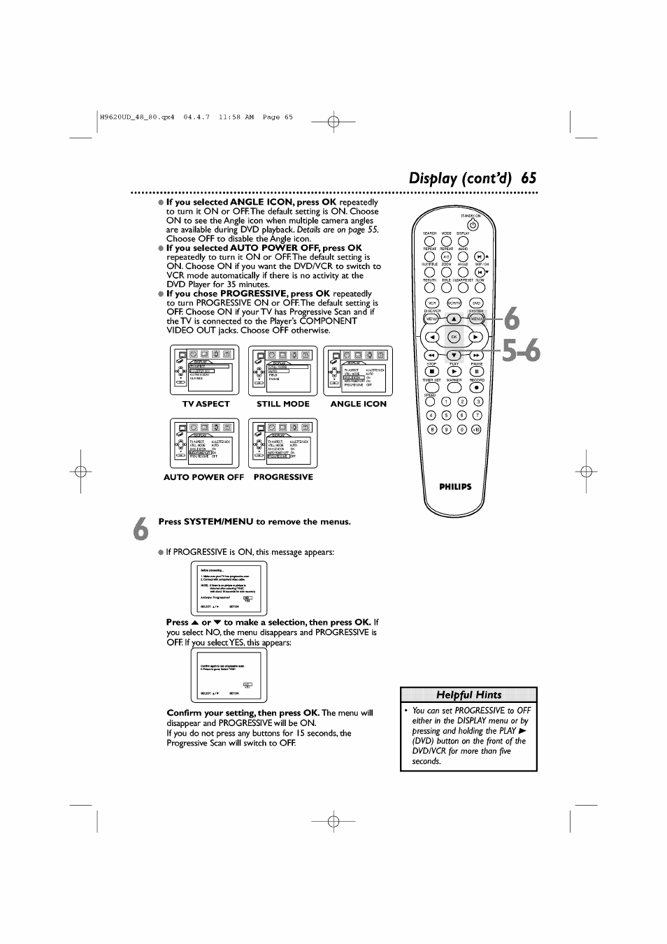 Display (cont*d) 65, Still mode, Auto power off progressive | Press system/menu to remove the menus, Helpful hints, Tv aspect still mode angle icon | Philips DVP620VR/17 User Manual | Page 65 / 80