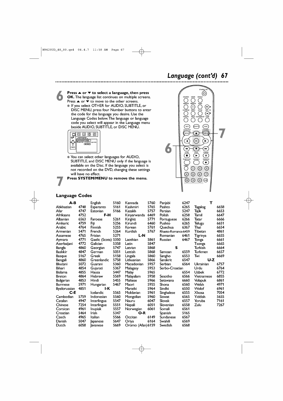 Press ▲ or ▼ to select a language, then press, Language codes, Language (confd) | О о о, О © о, О о о о | Philips DVP620VR/17 User Manual | Page 67 / 80