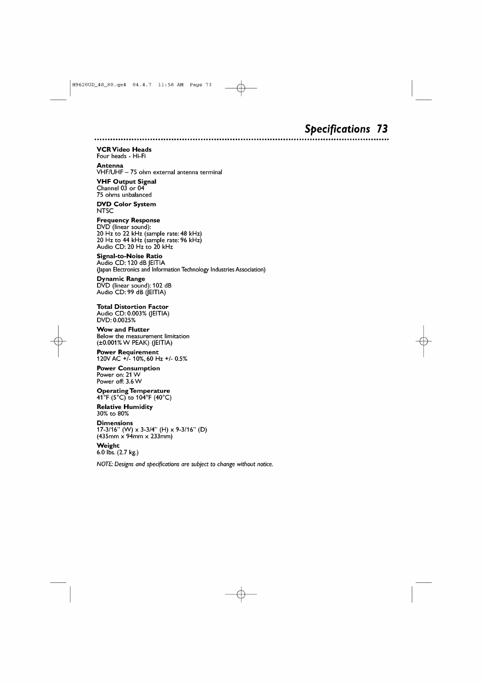 Specifications 73, Vcr video heads, Total distortion factor | Specifications | Philips DVP620VR/17 User Manual | Page 73 / 80