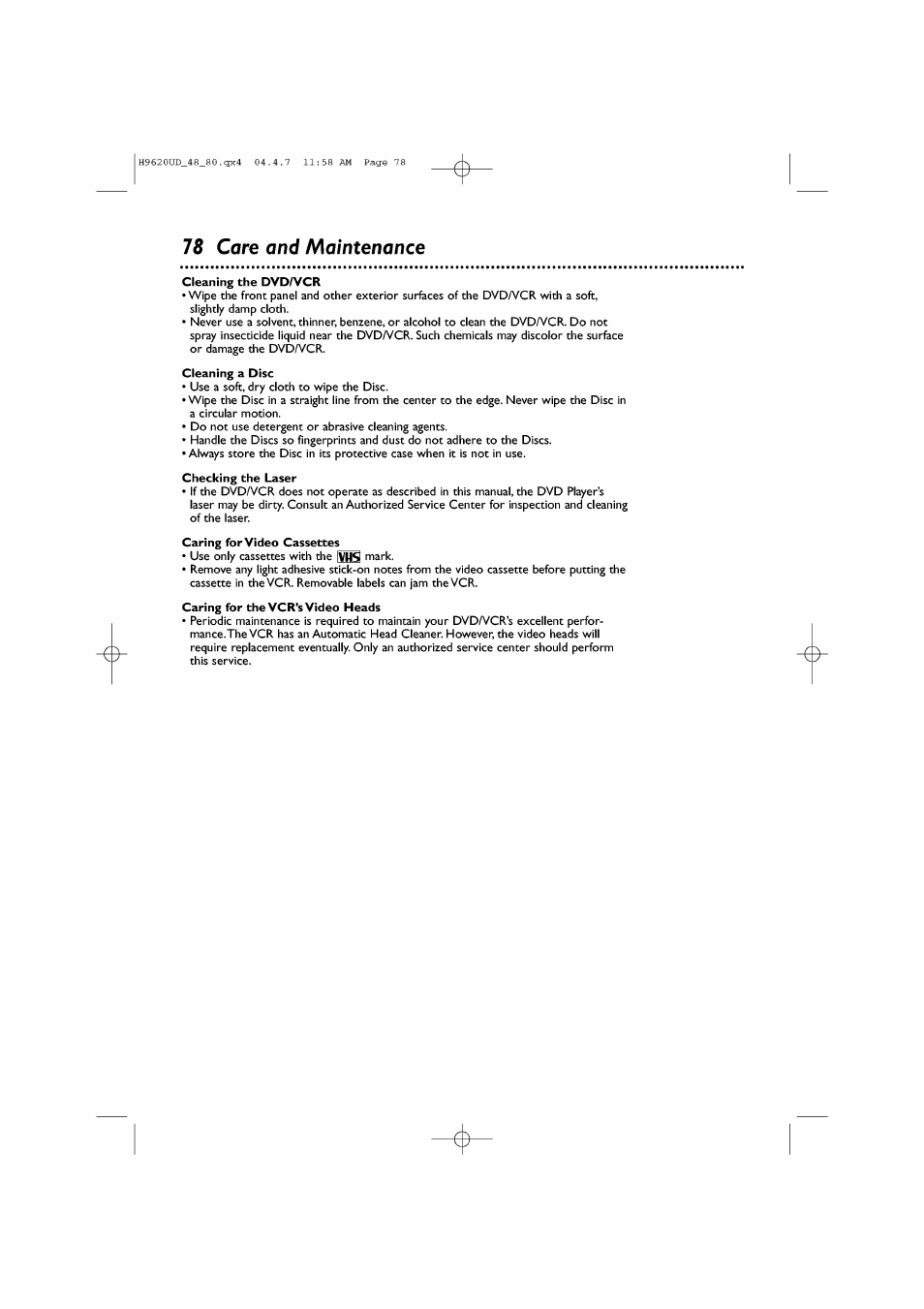Iz care and maintenance, Cleaning the dvd/vcr, Cleaning a disc | Checking the laser, Caring forvideo cassettes, Caring for the vcr’s video heads, Care and maintenance | Philips DVP620VR/17 User Manual | Page 78 / 80