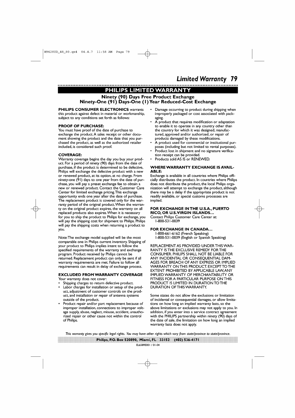Limited warranty 79, Proof of purchase, Coverage | Excluded from warranty coverage, Where warranty exchange is available, For exchange in canada, Limited warranty, Philips limited warranty | Philips DVP620VR/17 User Manual | Page 79 / 80