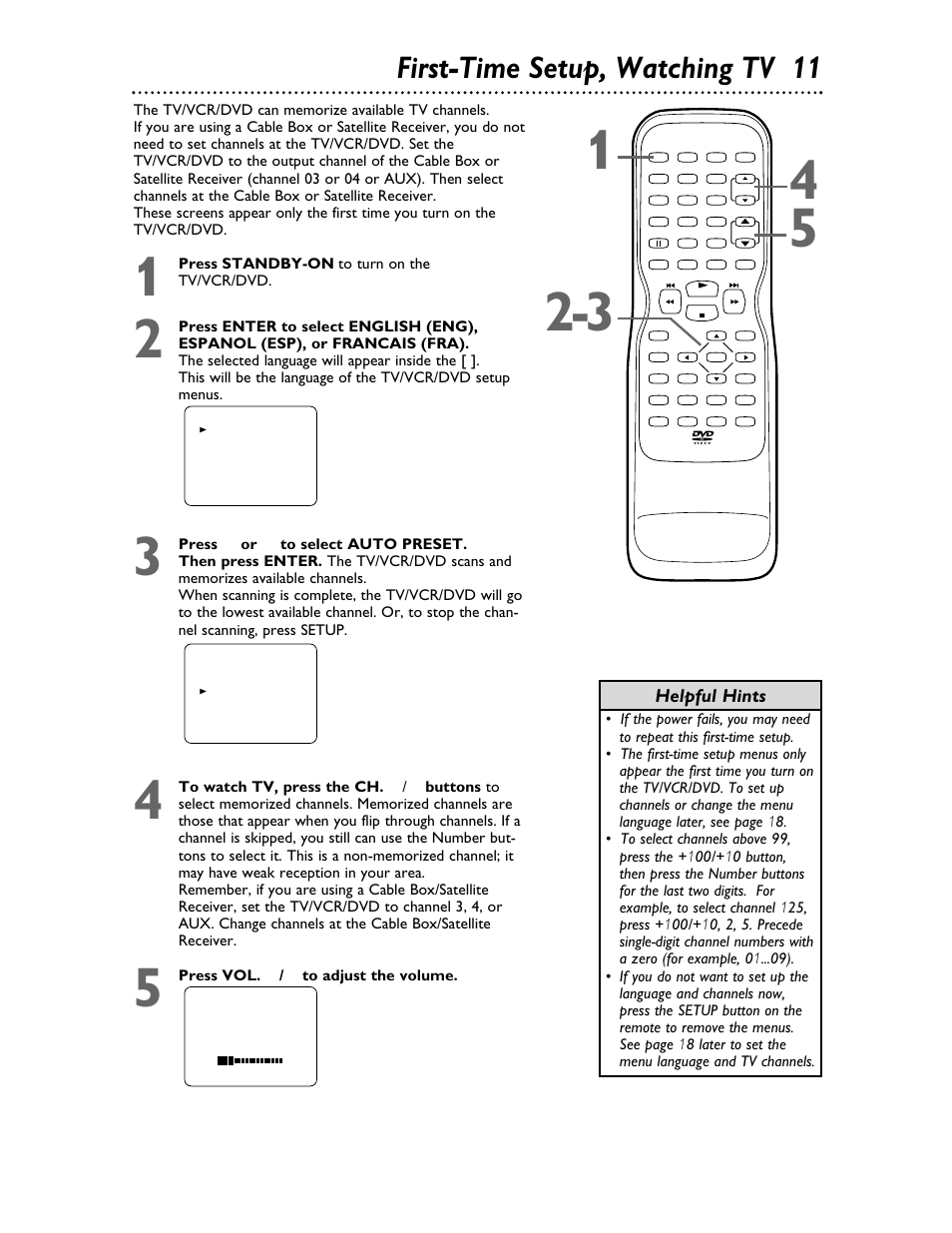 First-time setup, watching tv 11 | Philips 27DVCR55S User Manual | Page 11 / 80