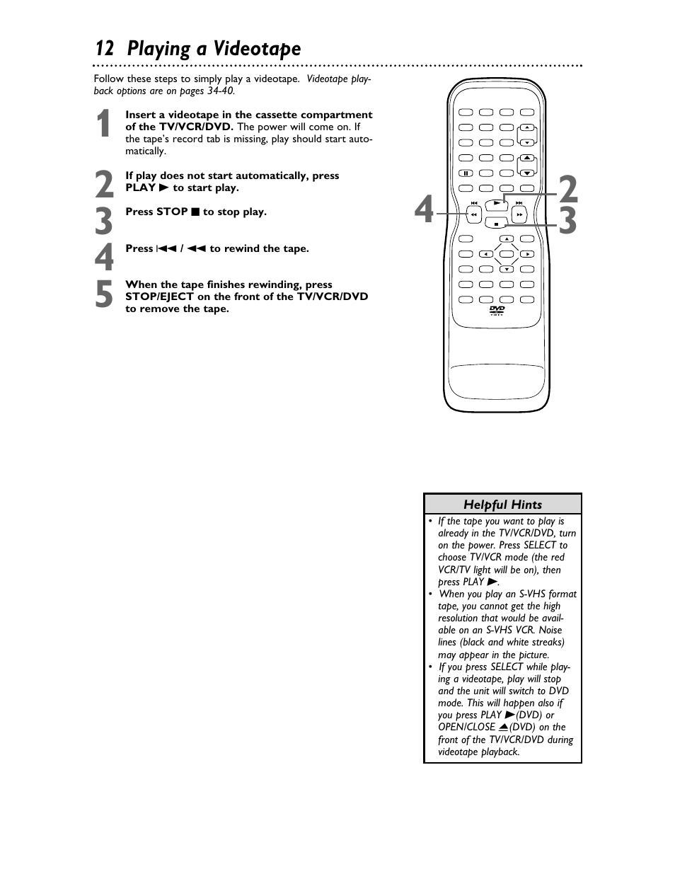 12 playing a videotape | Philips 27DVCR55S User Manual | Page 12 / 80