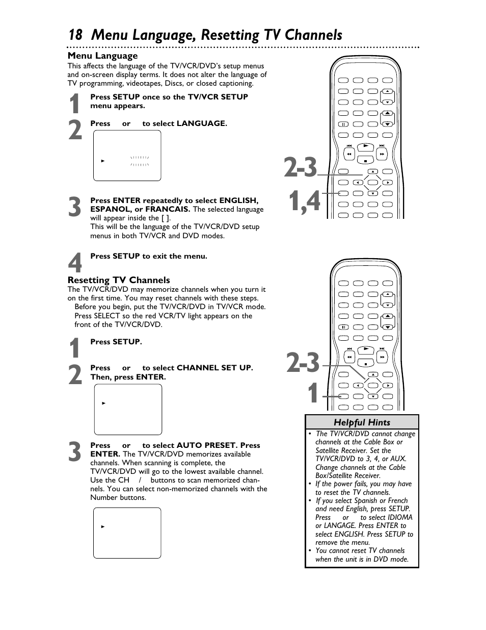 18 menu language, resetting tv channels, Menu language, Resetting tv channels | Helpful hints | Philips 27DVCR55S User Manual | Page 18 / 80