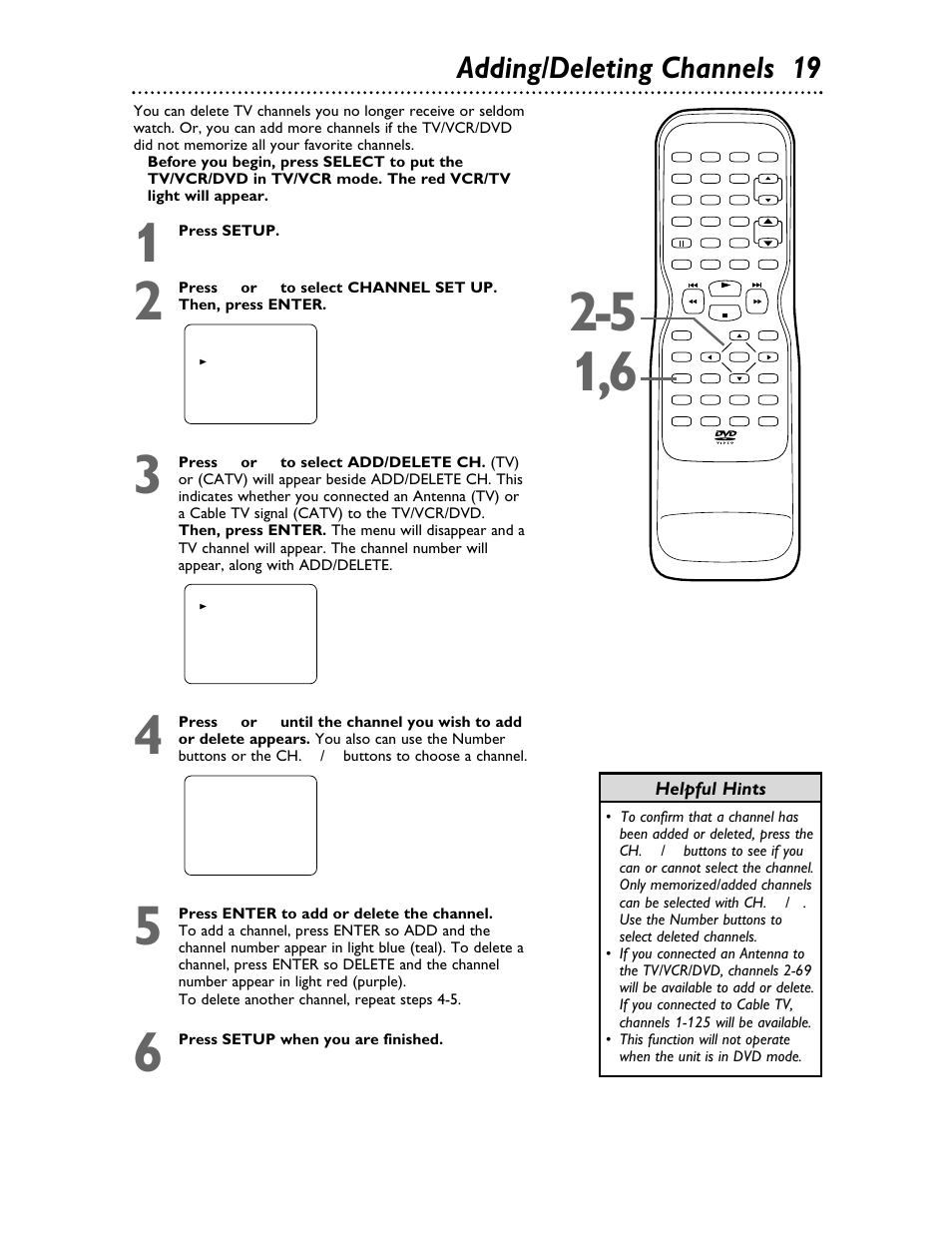 Adding/deleting channels 19, Helpful hints | Philips 27DVCR55S User Manual | Page 19 / 80