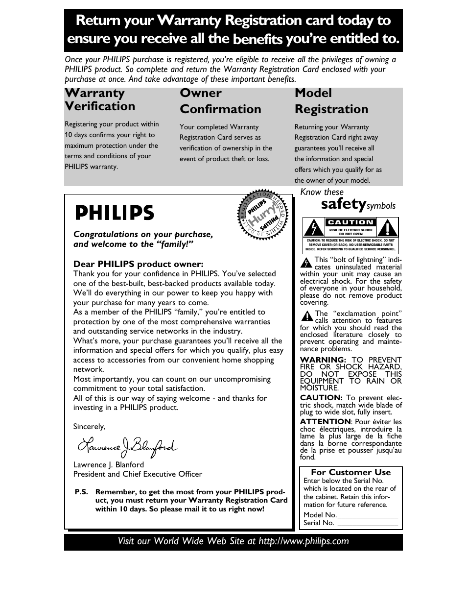 Safety, Warranty verification, Owner confirmation | Model registration, Hurry, Know these, Symbols, For customer use | Philips 27DVCR55S User Manual | Page 2 / 80