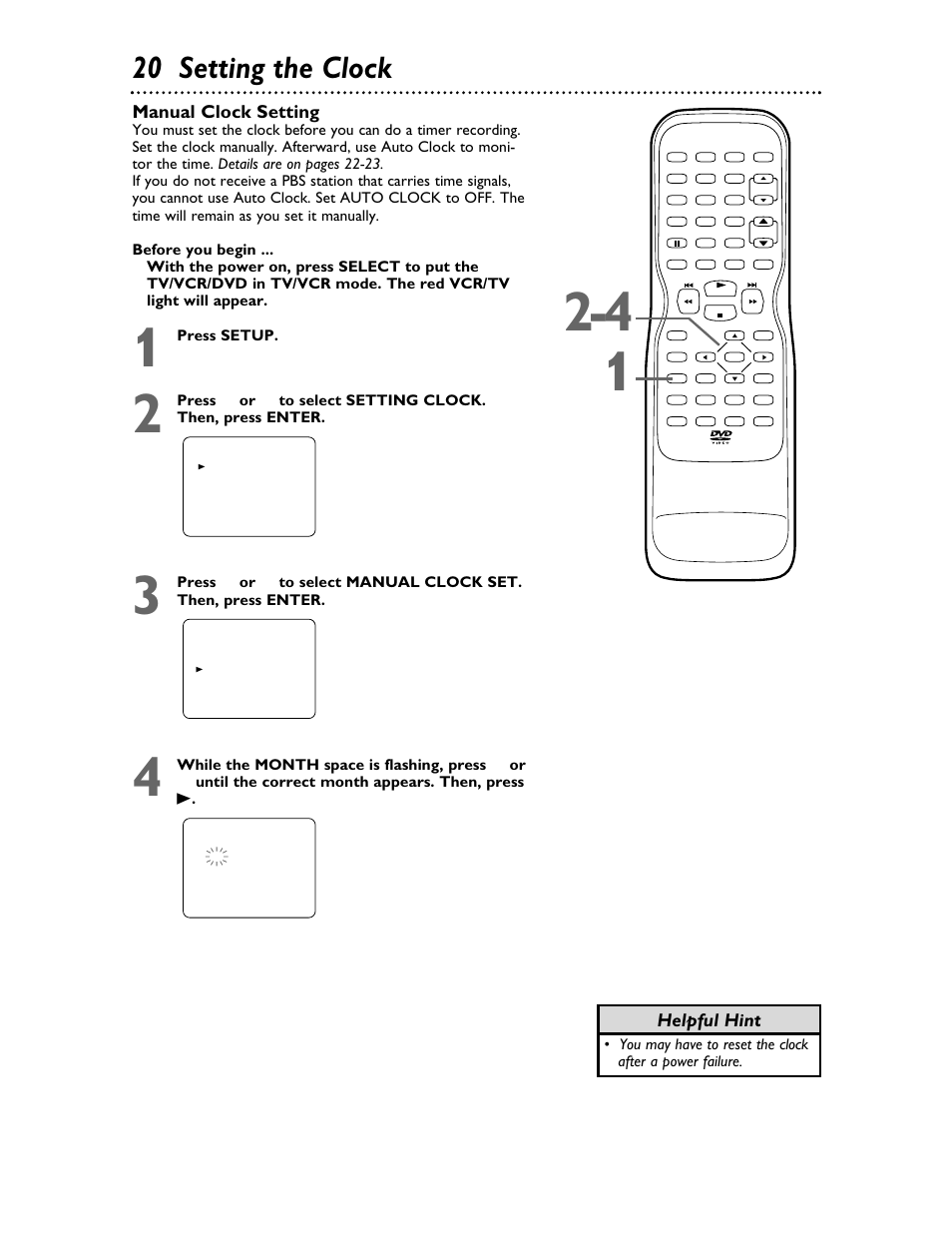 20 setting the clock, Helpful hint manual clock setting | Philips 27DVCR55S User Manual | Page 20 / 80