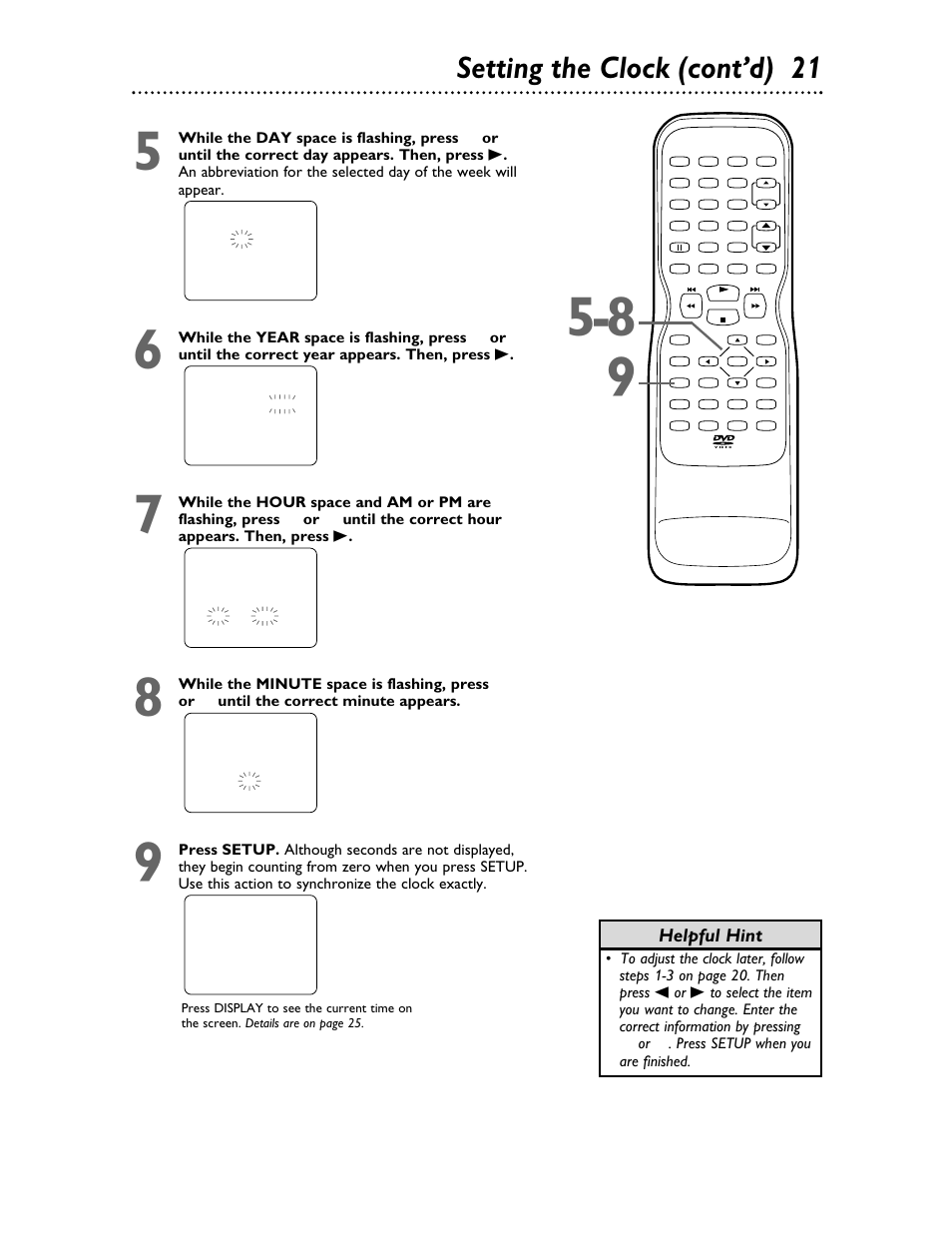 Setting the clock (cont’d) 2 1, Helpful hint | Philips 27DVCR55S User Manual | Page 21 / 80