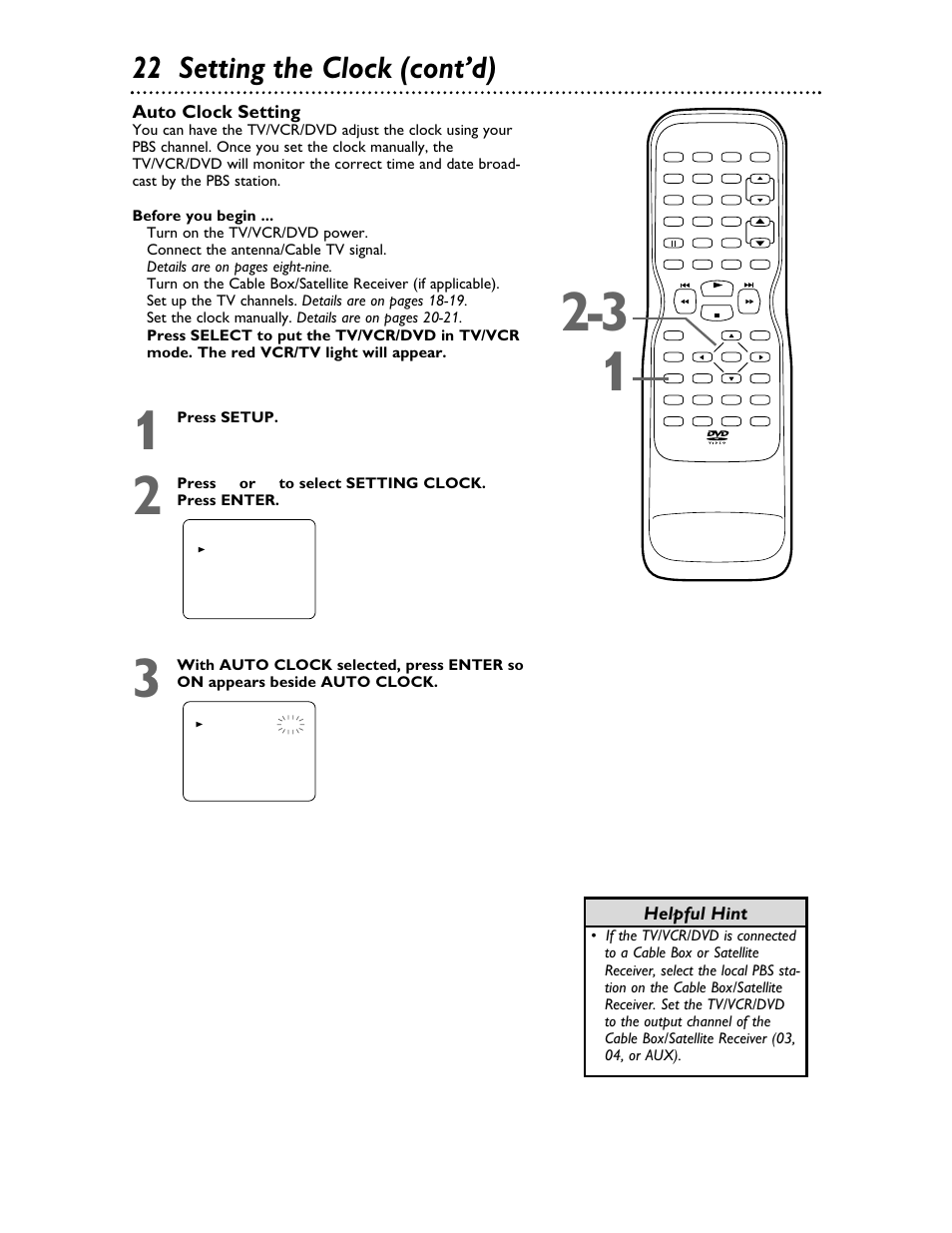 22 setting the clock (cont’d), Auto clock setting, Helpful hint | Philips 27DVCR55S User Manual | Page 22 / 80