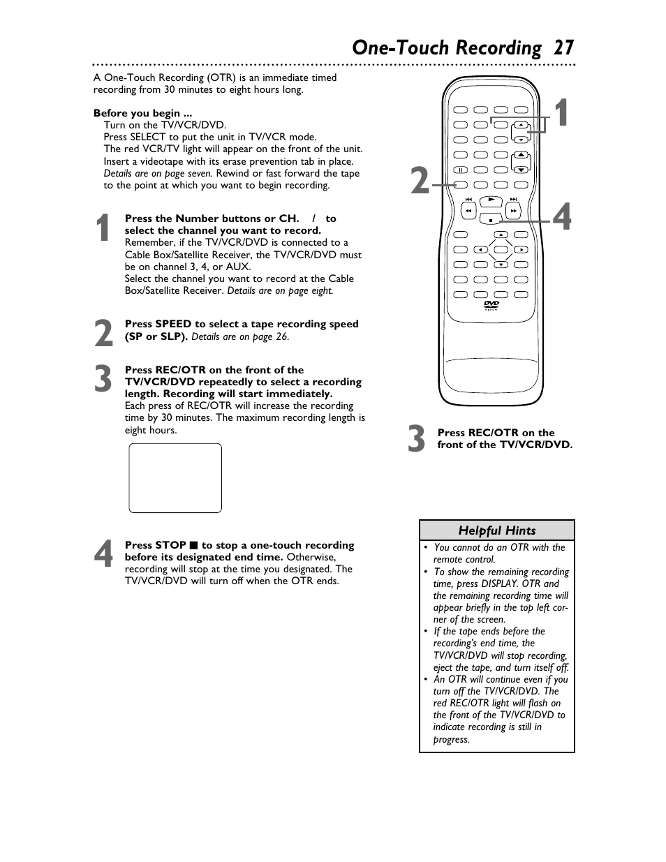 One-touch recording 27, Helpful hints | Philips 27DVCR55S User Manual | Page 27 / 80