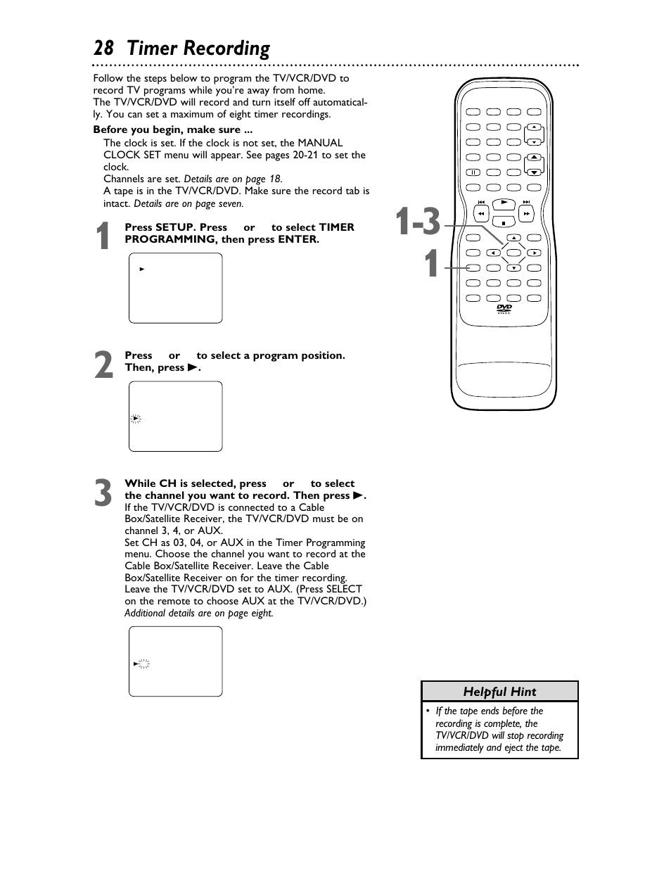 28 timer recording, Helpful hint, Channels are set. details are on page 18 | Philips 27DVCR55S User Manual | Page 28 / 80