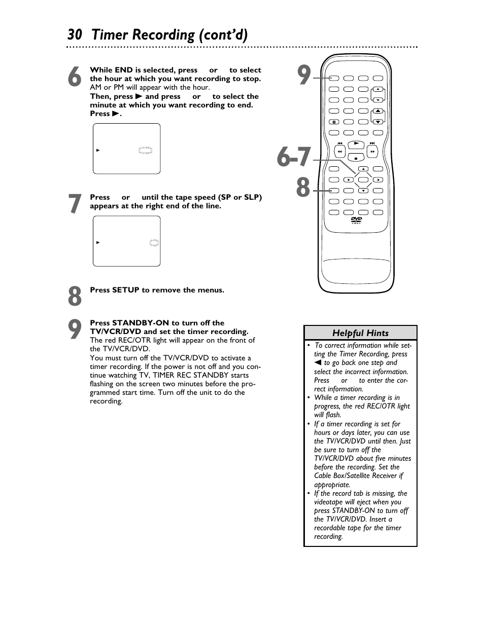 30 timer recording (cont’d), Helpful hints, Press setup to remove the menus | Philips 27DVCR55S User Manual | Page 30 / 80