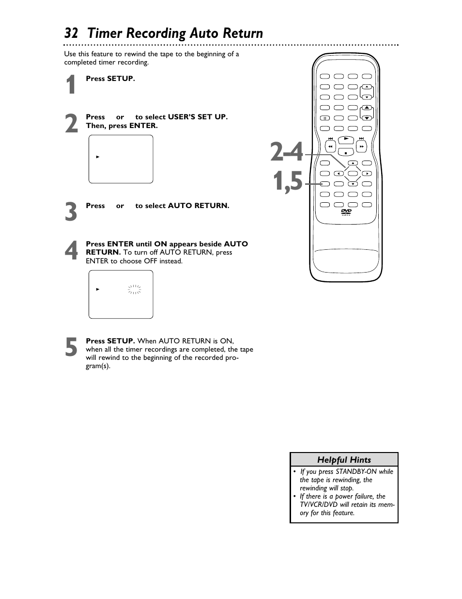 32 timer recording auto return, Helpful hints | Philips 27DVCR55S User Manual | Page 32 / 80