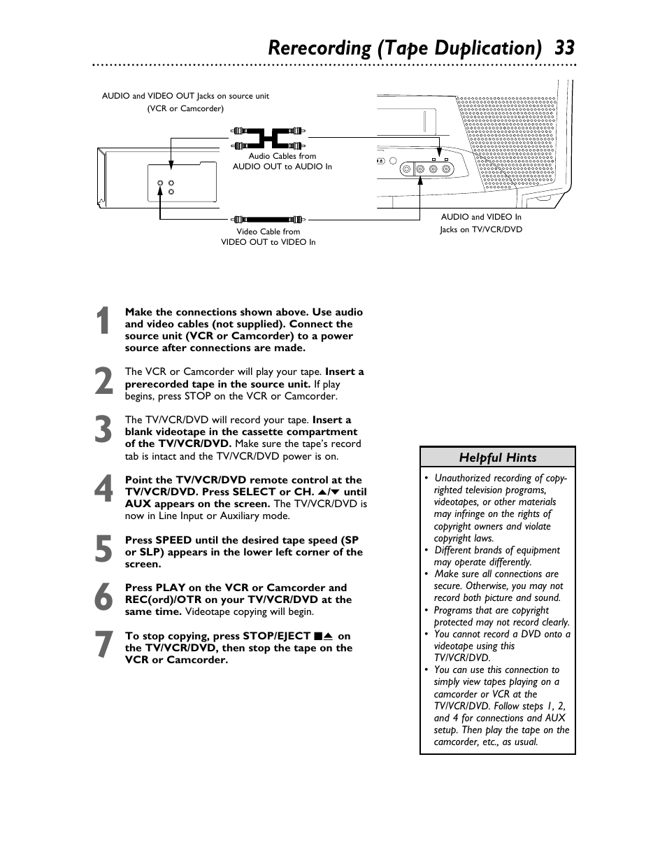 Rerecording (tape duplication) 33 | Philips 27DVCR55S User Manual | Page 33 / 80