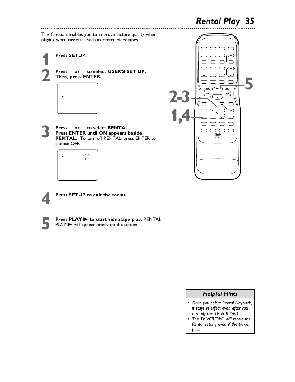 Rental play 35, Helpful hints | Philips 27DVCR55S User Manual | Page 35 / 80