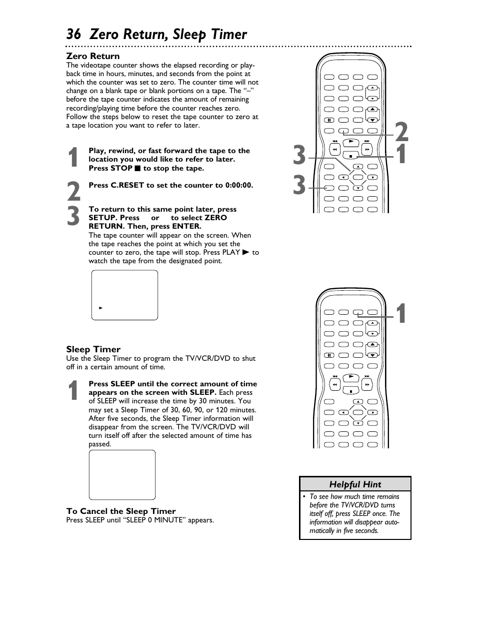 36 zero return, sleep timer, Zero return, Sleep timer | Helpful hint | Philips 27DVCR55S User Manual | Page 36 / 80