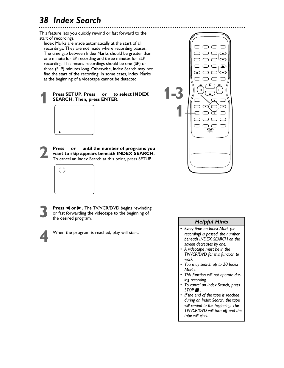 38 index search, Helpful hints | Philips 27DVCR55S User Manual | Page 38 / 80