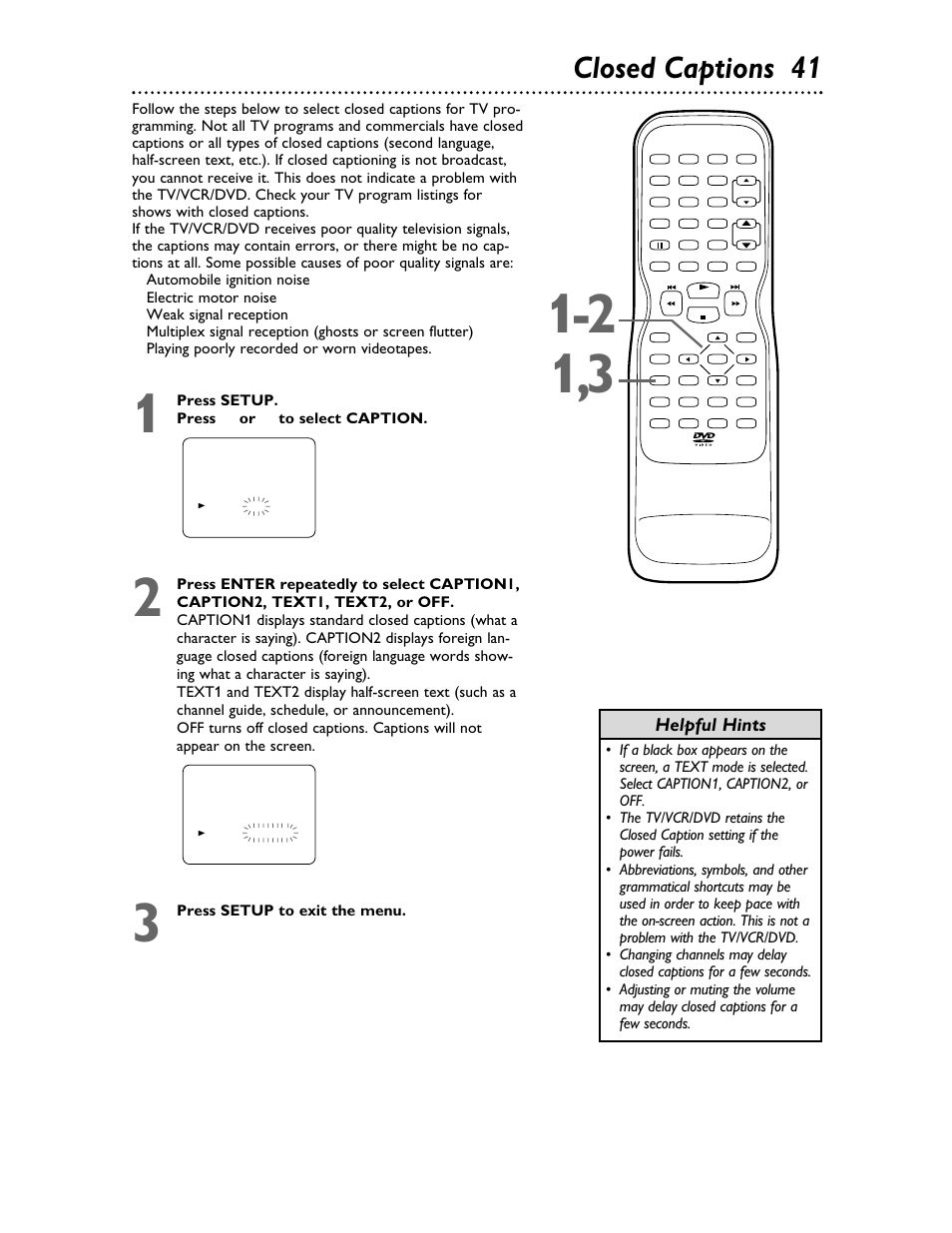 Closed captions 4 1, Helpful hints | Philips 27DVCR55S User Manual | Page 41 / 80
