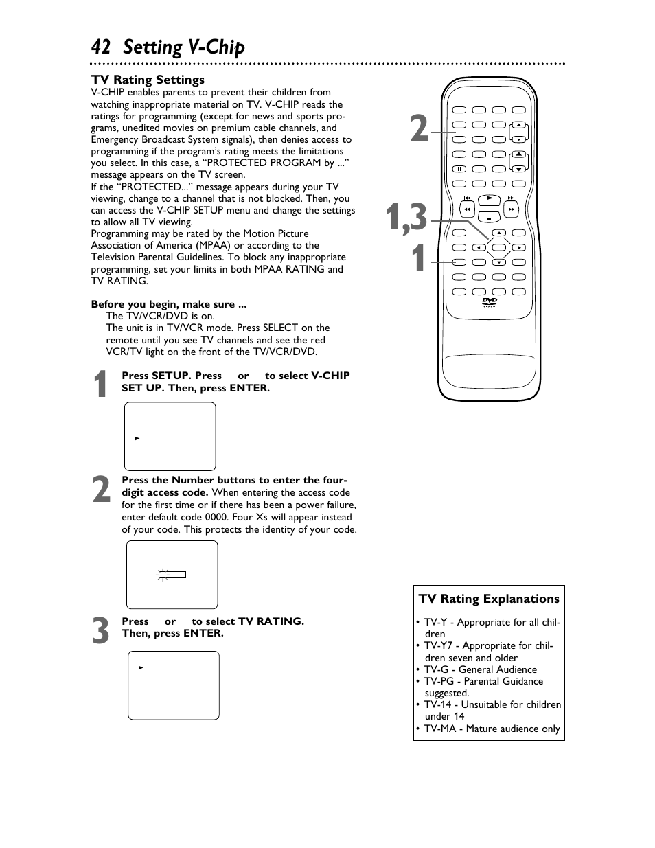 42 setting v-chip, Tv rating explanations, Tv rating settings | Philips 27DVCR55S User Manual | Page 42 / 80