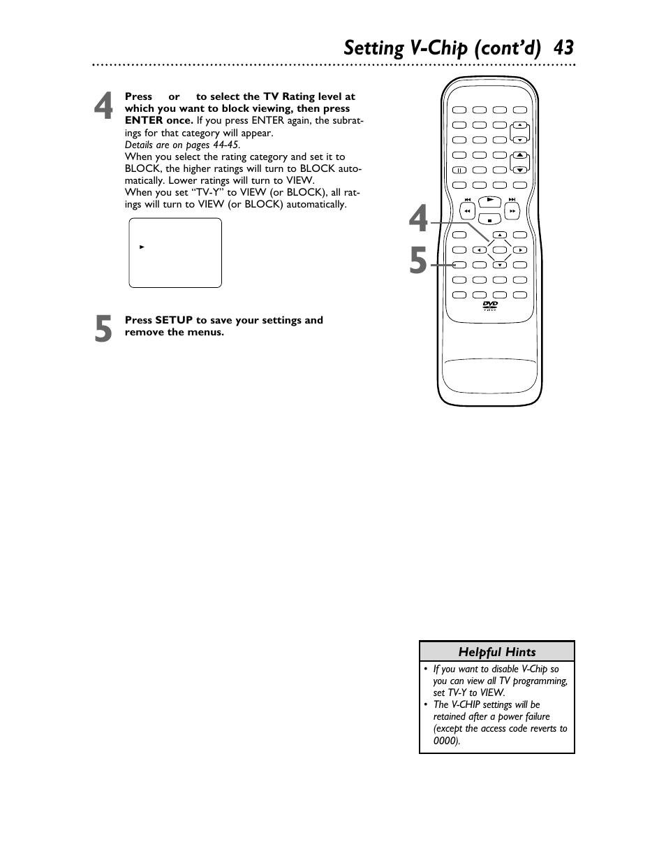 Setting v-chip (cont’d) 43, Helpful hints, Philips | Philips 27DVCR55S User Manual | Page 43 / 80